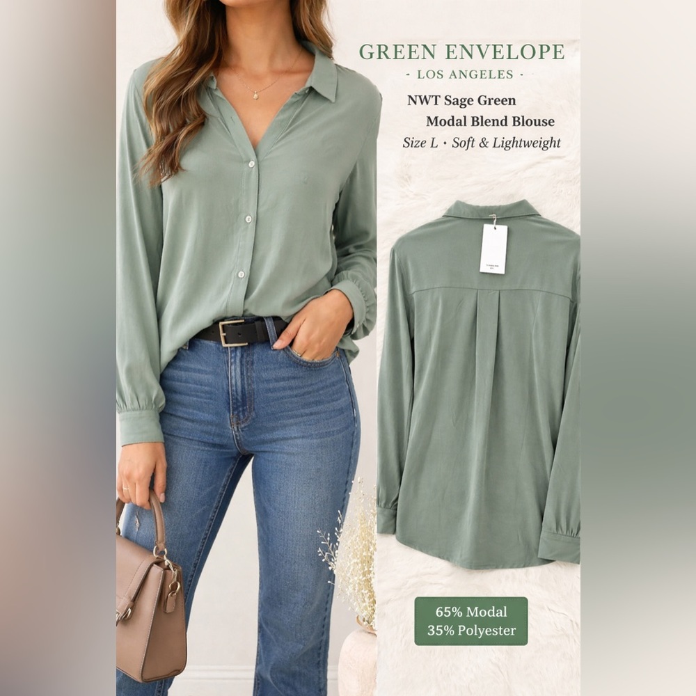 Green Envelope Los Angeles Green Modal Blend Blouse Size L Soft Stretch